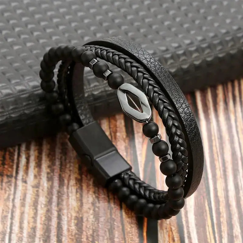 "Braided Leather / Beaded" Bracelet for Men